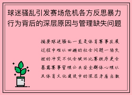 球迷骚乱引发赛场危机各方反思暴力行为背后的深层原因与管理缺失问题